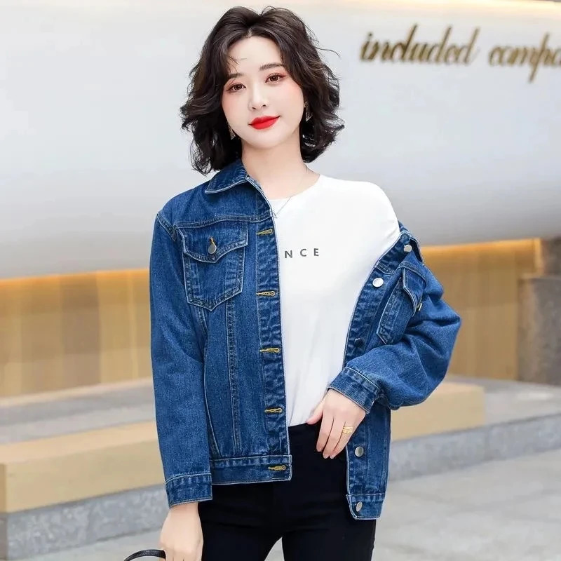 Spring and autumn single breasted womens denim jacket loose long sleeved top casual jeans 250326