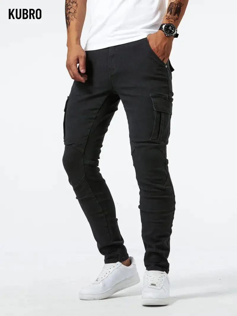 Street Elastic Jeans Men Denim Cargo Pants Wash Solid Color Multi Pockets Casual Mid Waist Trousers Slim Fit Daily Wear Joggers 250317