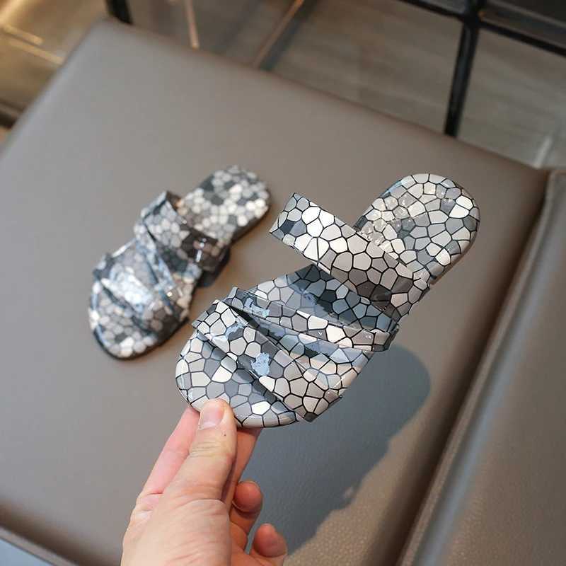Slipper Silver/coffee colored childrens slippers with flat shoes open toe non slip 2025 summer outdoor PU girls straight Zapatillas Mujer S25326
