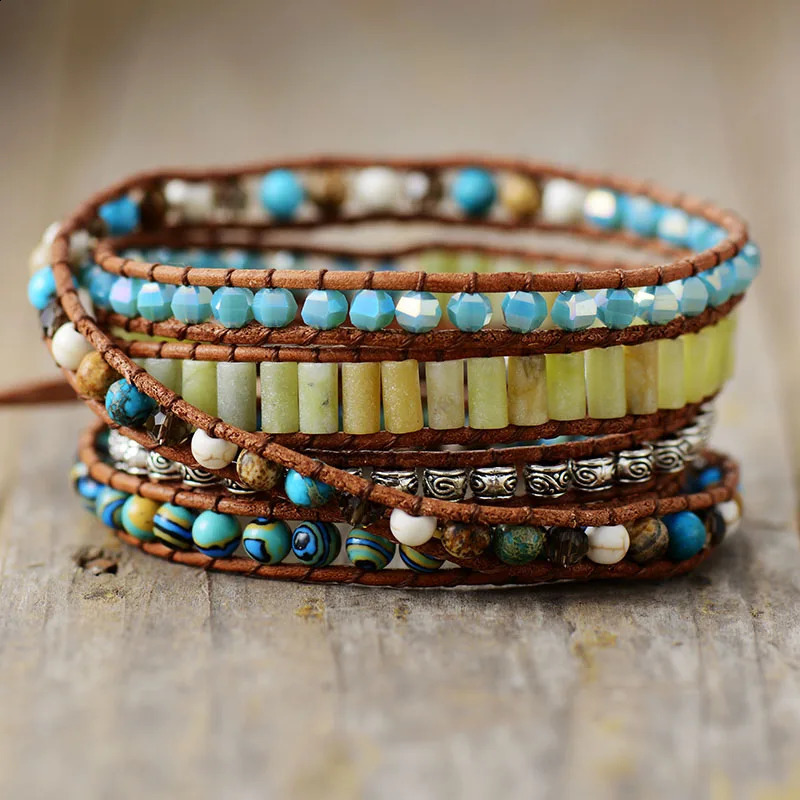 Spiritual Women Wrap Bracelets Natural Stones 5 Layers Leather Cuff Bangles Femme Bracelet Bohemian Gifts Dropship 250318