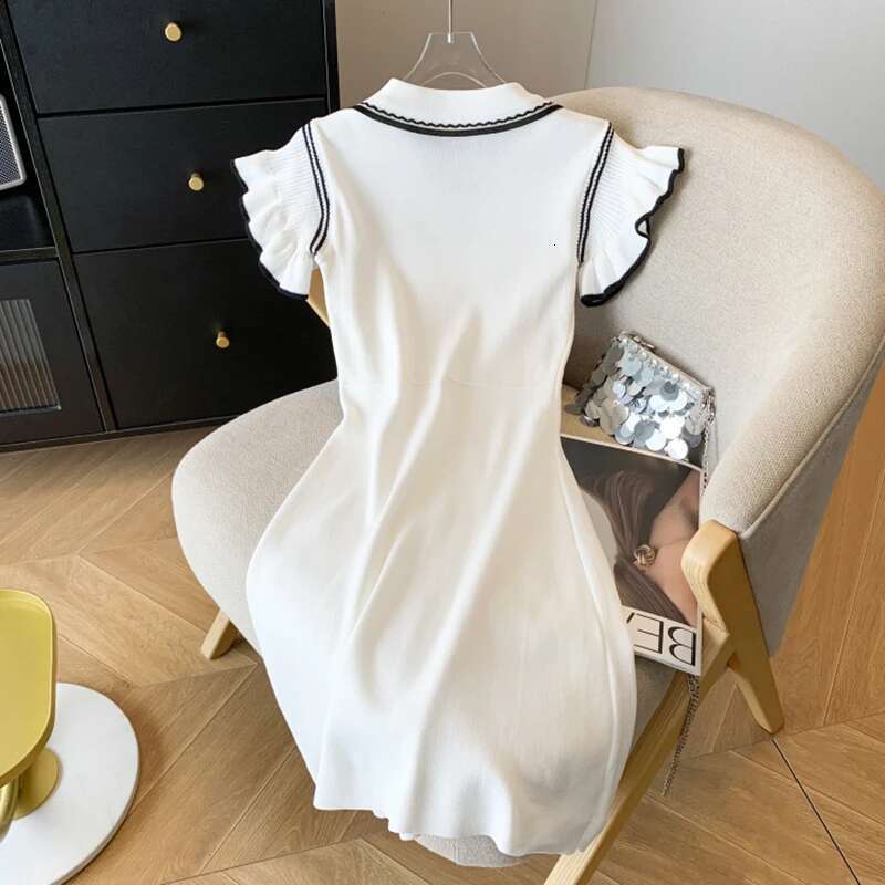 Preppy Short Women Style Buttons Sleeved Knit Contrast Color Stripes Turn-down Collar Summer Mid-Length Casual Dress