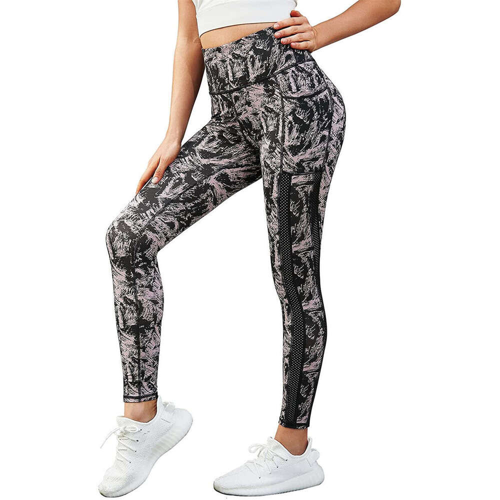 Women Yoga Pants Autumn Winter Pencil Printed Hip Lifting With Waist And High Elasticity Regular Mesh Splicing Bottom Pants YJ