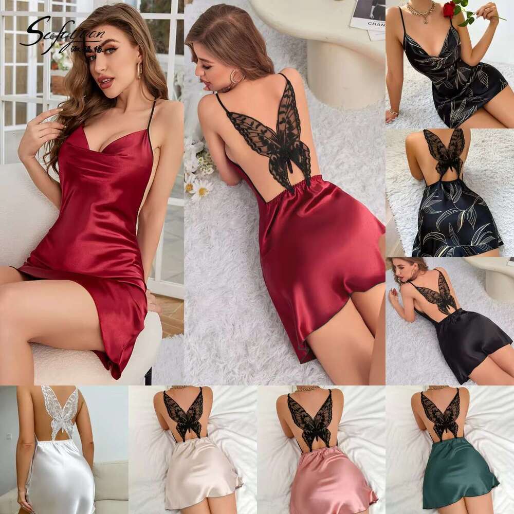 Sfy-Y5016 Nightdress Women's Satin Silk Erotic Pamas Backless Butterfly Embroidery Nightgown Sexy Dress