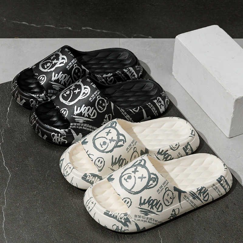 Slipper New violent bear graffiti slippers for summer home use wearing cartoon slippers indoors and outdoors couples poop feeling slippers S25326
