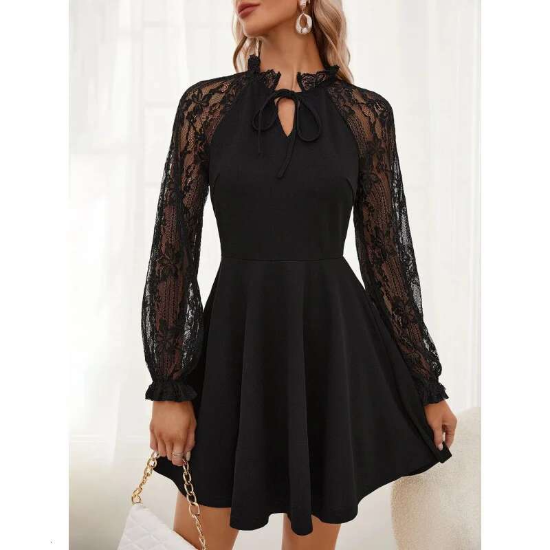 Dongdumaoyi Lente Nieuwe Collectie Elegante Dames Effen Kleur Franse Contrasterende Kant Tie Taille Lange Mouwen Mode Jurk