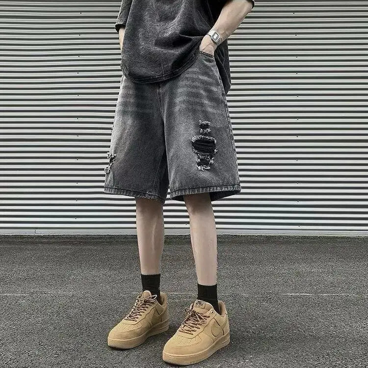 mens fashion Korean solid denim knee length shorts casual summer tight street pants 250326