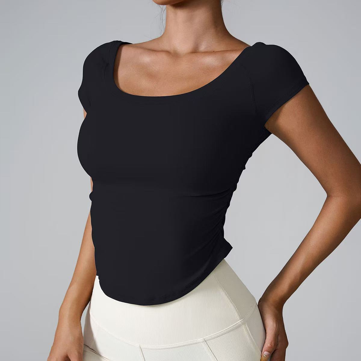 F1929 Women Yoga Short Sleeve Sports Shirts Tight Top Girl High T Shirt Elasticity Sport Tank Running Gym