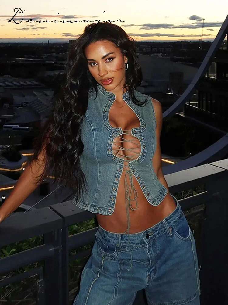 Sexy Denim Hollow Out Vest Women Slim Bandage Sleeveless Stand Collar Crop Tank Female Summer Fashion Y2k Lace Up Lady Top