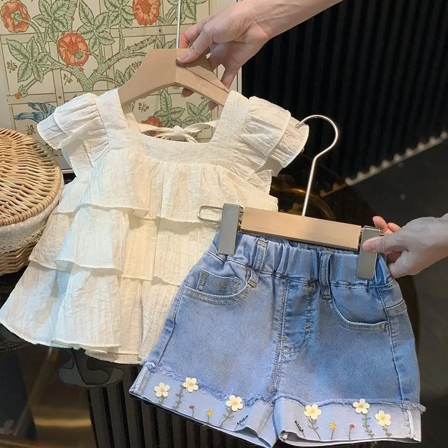 Kids Girls Clothing Sets Summer Ruffled Blouse Tops Shirts Embroidered Flower Denim Jeans Shorts 2pcs Clothes Suit 250326