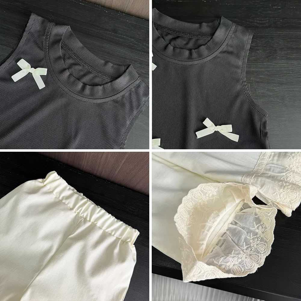 Bear collar Korean casual childrens set with bow decoration black sleeveless vest+pants two-piece set lace patchwork girls clothingT250327
