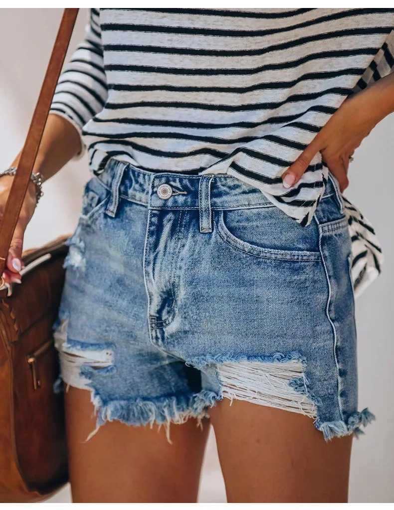 2025 Summer New Womens Ripped Denim Shorts Fashion High Elastic Tassel Straight Jeans Shorts Casual Sexy Ladies ShortsC250327