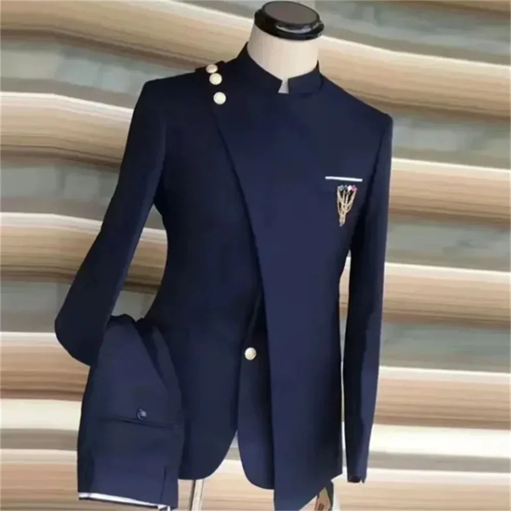Navy Blue Mens Single Chest Standing Collar Jacket African Style Formal Occasion Party 2piece Set Pants Clothing 250326