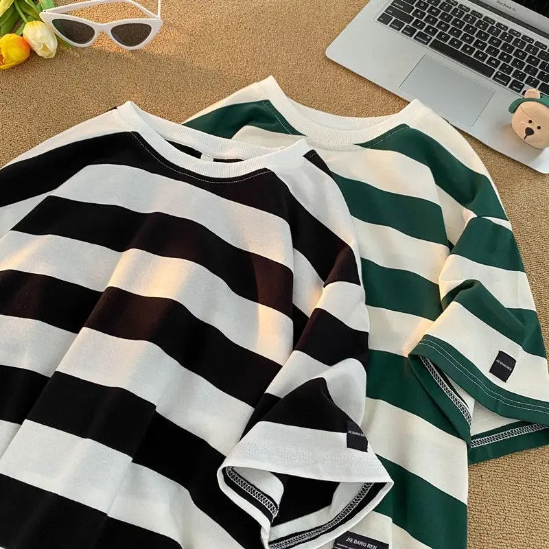 Y2k retro American black and white striped round neck short sleeved summer street couple loose casual Tshirt top harajuku 250326