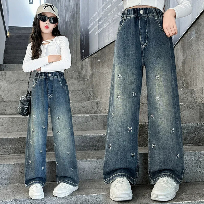 Girls Bow Jeans Spring Childrens Elastic Straight Autumn Youth Printed Wide Leg Trouser Fashion Pants 250325