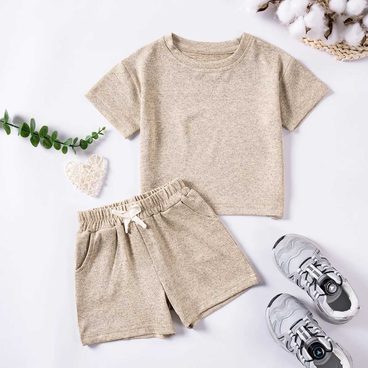 New Girl and Boy Set Short Sleeve 2-piece Solid Color Casual Boy Comfort Set Childrens ClothingT250327