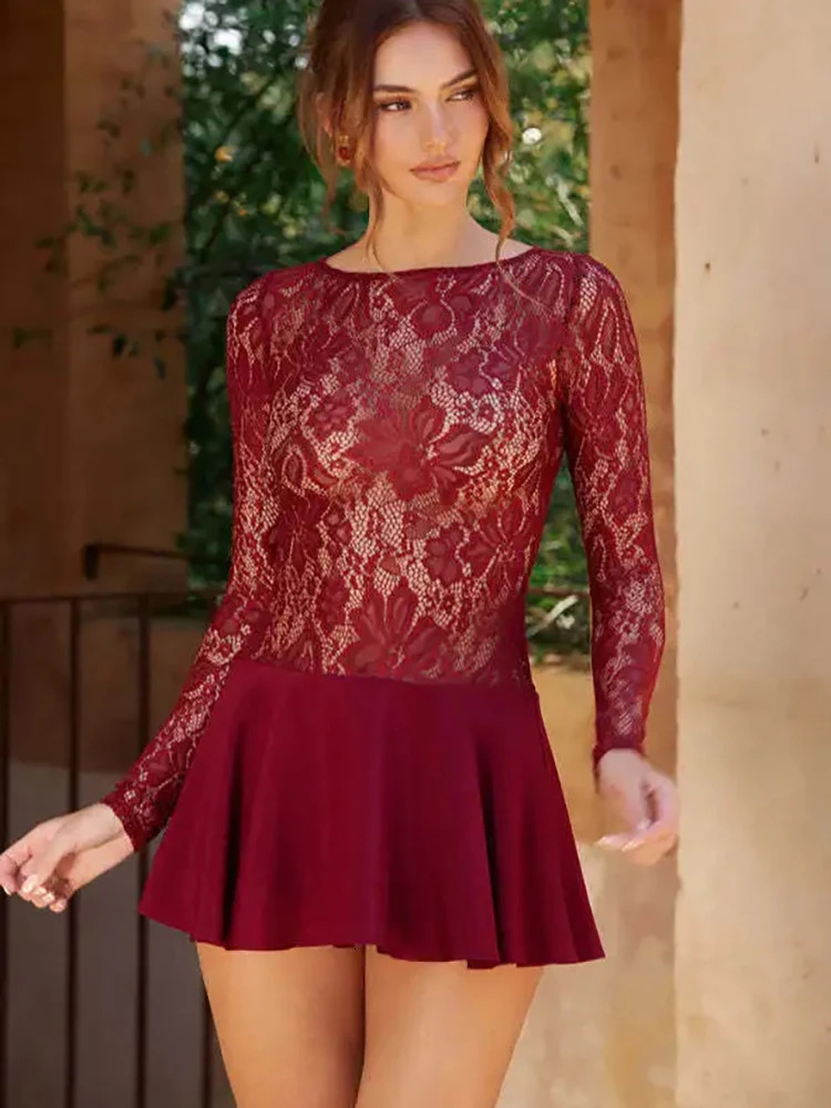 Fantoye Patchwork Sexy See Through Lace Womens Dress Red Long Sleeve Aline Spring Ultra Thin Elegant Party Club 2025 250324