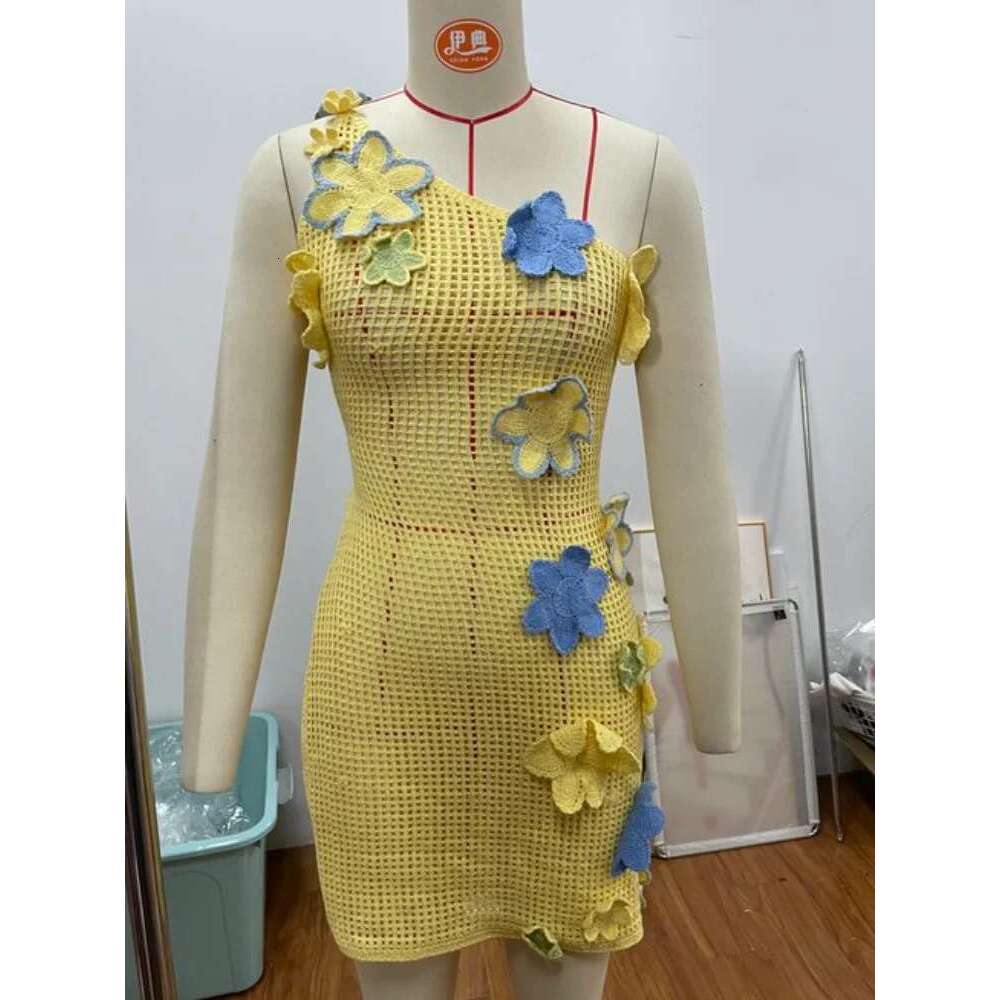 Crochet Knitted Colorful wers Embroidery Mini Dress Women Hollow Out Strap Backless Sleeveless Dresses Street Vacation Party