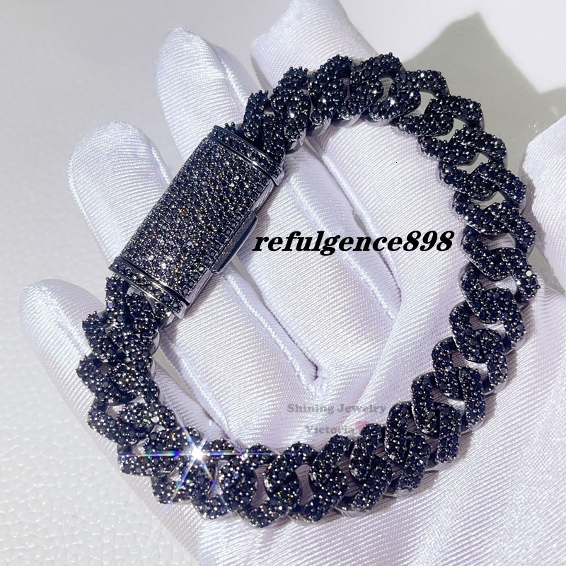 Guangzhou Shining Jewelry Black Gold Sterling Silver 13MM Iced Out Black Moissanite Cuban Bracelet