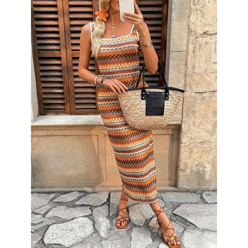 Dongdumaoyi Lente Nieuwe Collectie Damesmode Casual Gestreepte Vakantiestijl Mouwloze Jurk Met Vierkante Hals