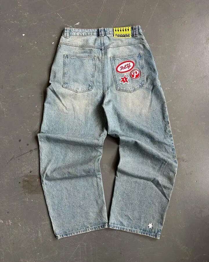 PROTECT Y2k Haruku Hip Hop Graphic Oversized Retro Blue Baggy Jeans Mens Womens New High Waist Wide Leg Trouser