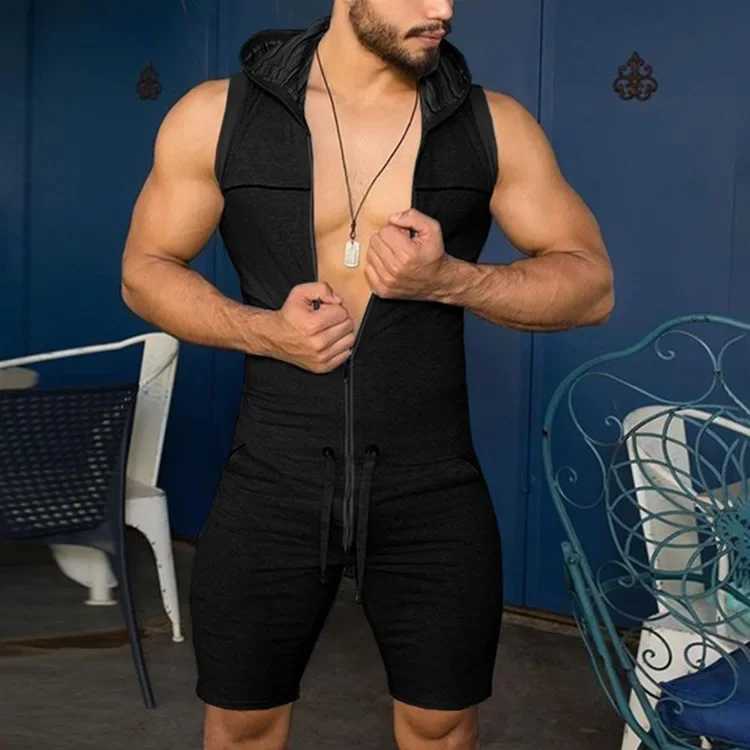 Mens summer clothing solid color short sleeved jacket casual street sports appeal jumpsuit S-3XLXJ250326