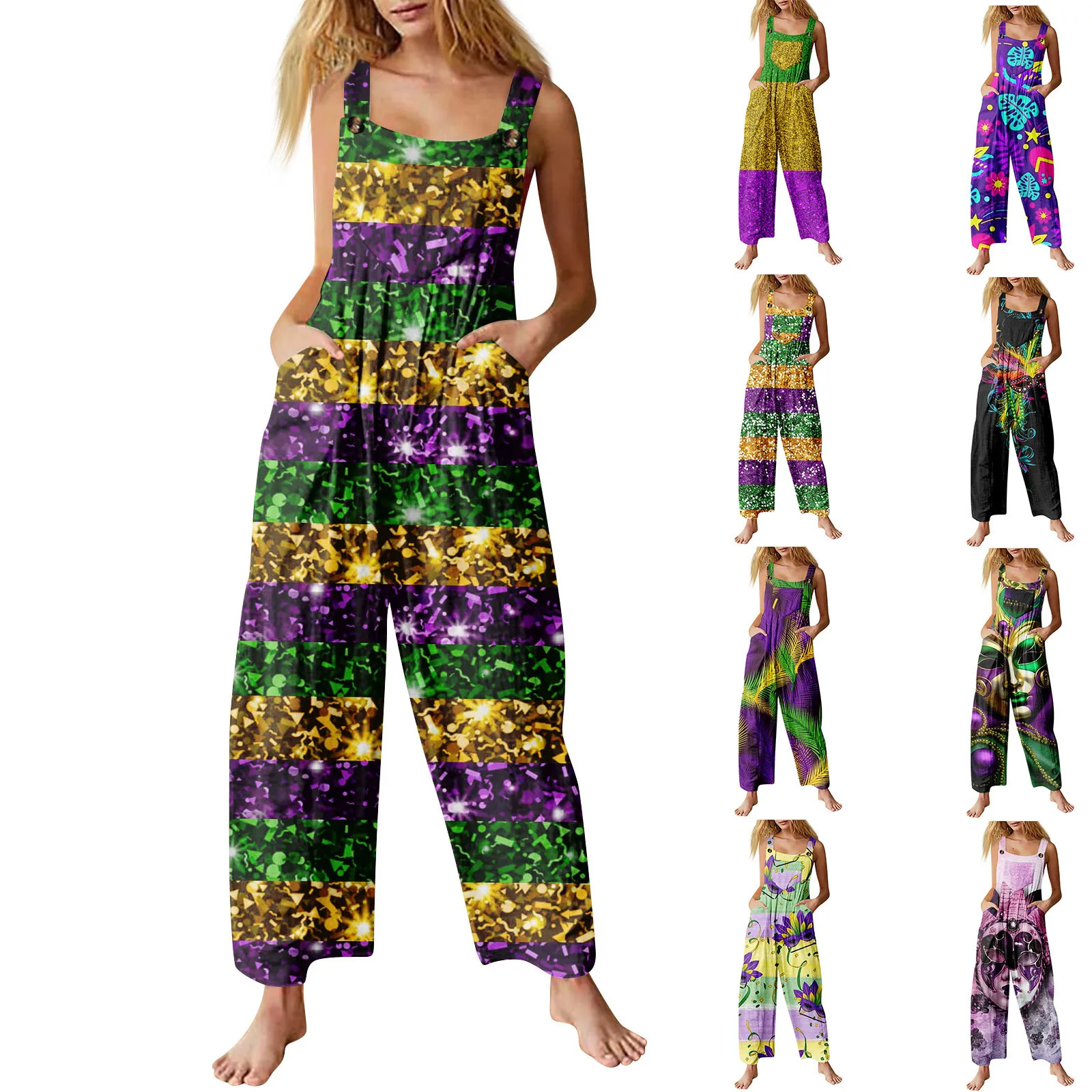 Carnival themed womens jumpsuit adjustable suspension spring and summer pocket cover carnival slack pants 250326