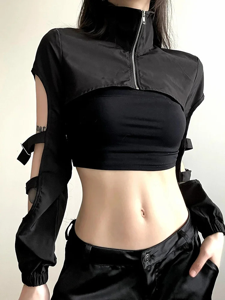 Hollow Out Techwear Fashion Cargo Cardigans Cyber Gothic Zip Up Sexy Crop Jackets Y2k Punk Turtleneck Streetwear Tops 250322
