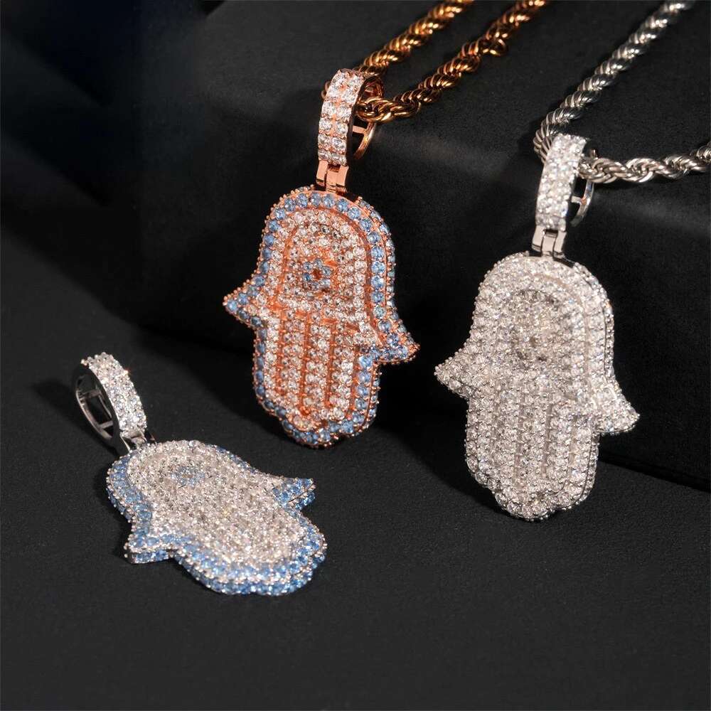 Hip Hop Rock Bling 5a Cubic Zirconia Hamsa Hand Pendant 925 Sterling Silver Fine Jewelry Women Men Fatima Necklaces Rope Chain