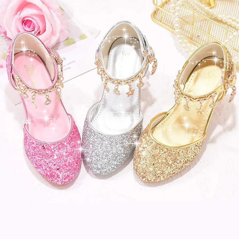 Heeled Dancing Shoes Due To Gold for Girls Glitter Shoes Heels Girls Princess Flowergirl Dresses Golden Girl Child Shoe for Wed 250326