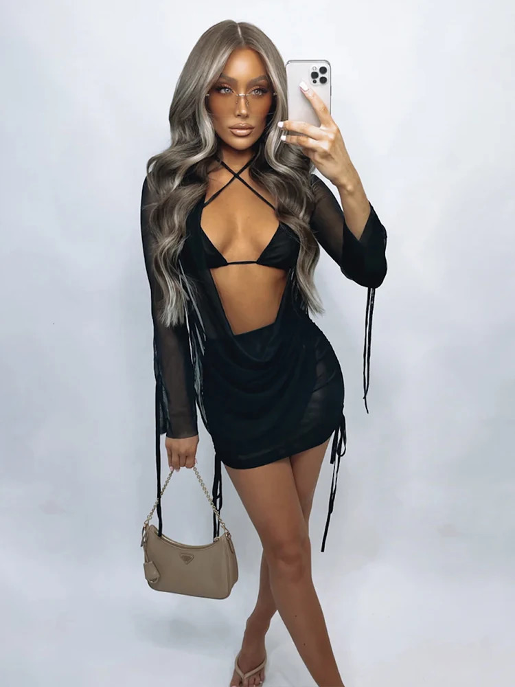 Weird Cat Shirt Fashion 3Piece Set for Women See through Irregular TopSolid Strap BrRuffle Skiing Resort Beach Party 250326