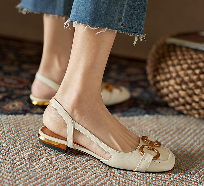 designer shoes 2025 new Women's French retro metal buckle peep-toe square toe low heel sandals with open back and flat bottom style for summer