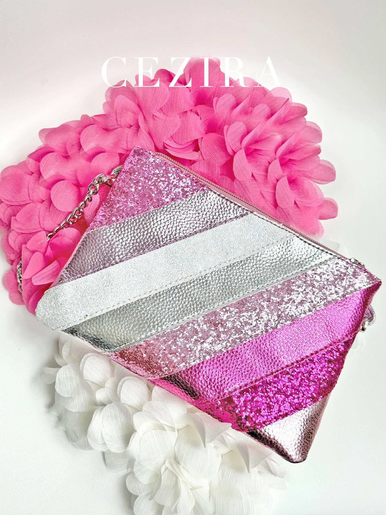 Womens metal PU leather patch work clutch bag fashionable shiny sequin chain shoulder cross body handbag party 250326