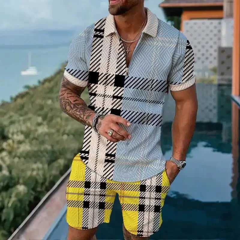 Mens Zipper Polo Set 2-piece Flip Collar Retro Casual Stripe 3D Printed Shorts Hawaii Summer Holiday Style ClothingXJ250326