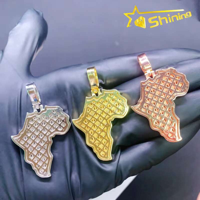 Hip Hop Map Moissanite Pendant Custom Iced Out 925 Sterling Silver VVS Moissanite Pendant Charms Necklace