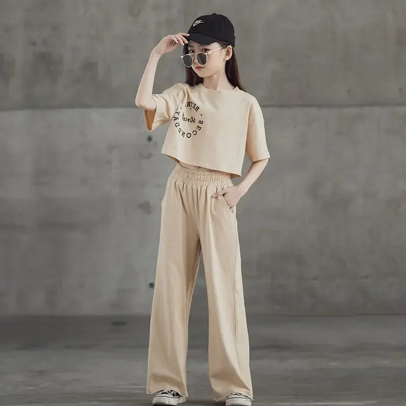 Children Sets Girls Fashionable Suit Casual Letter Short-sleevedwide-leg Pants Two-piece Set Items 250326