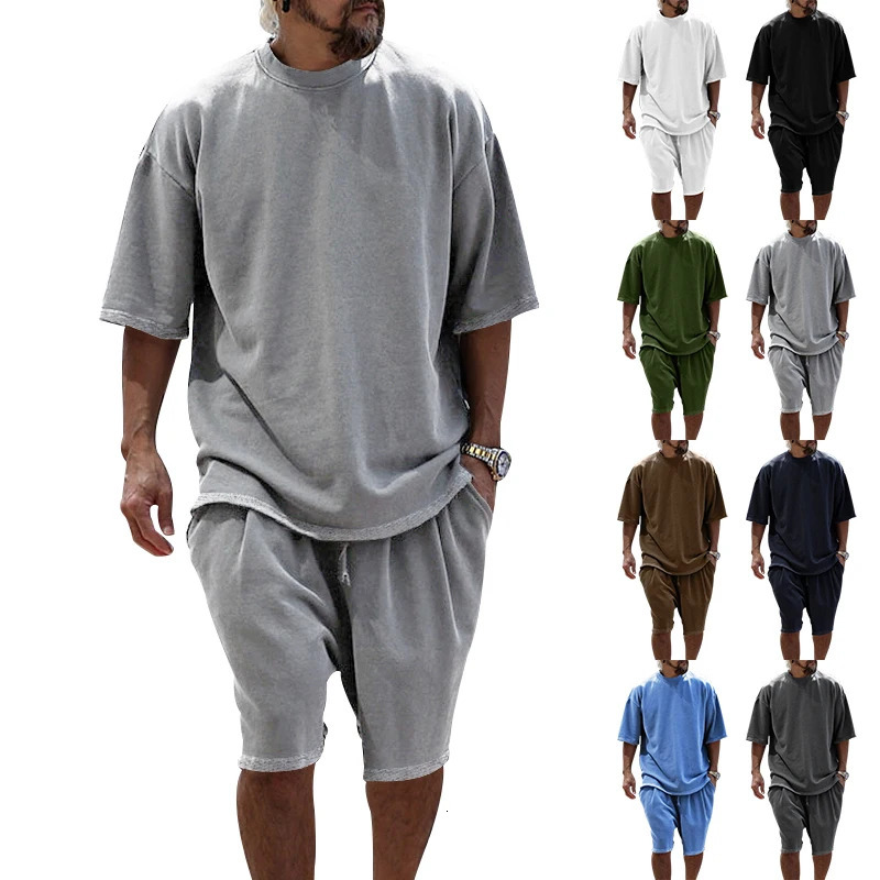 summer mens clothing Japanese style plus size casual loose sportswear short sleeved Tshirt twopiece set 250327
