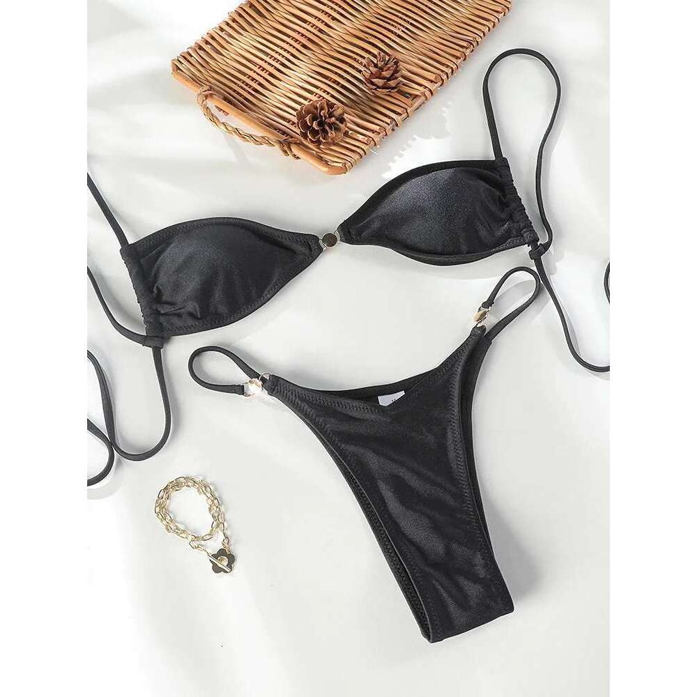 Shiny Swimsuit String Bikinis Bandage Swimwear Women 2025 New Pleated Bathing Suit Sexy Biquini Solid Color Beachwear Summer