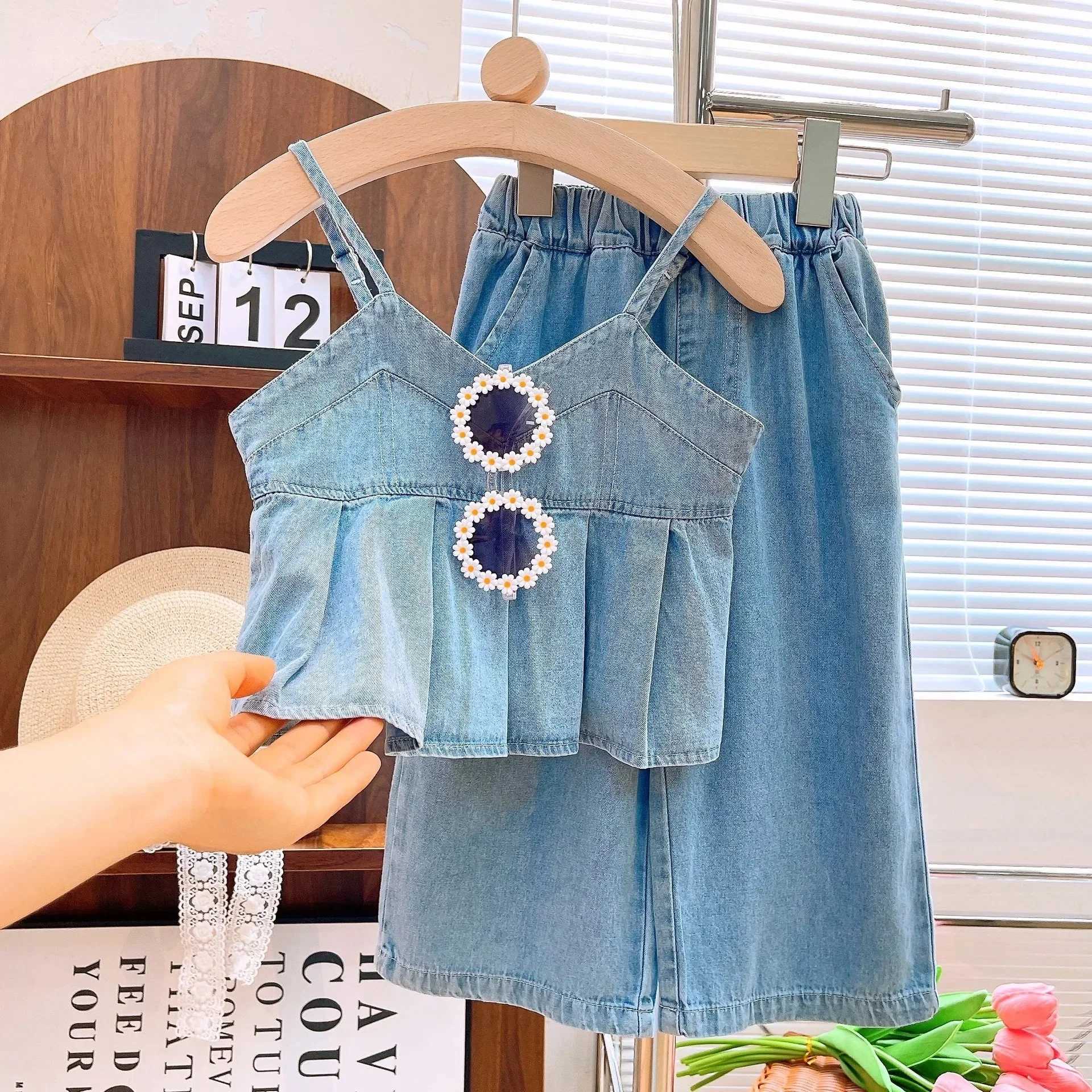 Bear collar summer girls clothing blue imitation denim sleeveless vest+pants 2-piece set solid color casual childrens clothingT250327