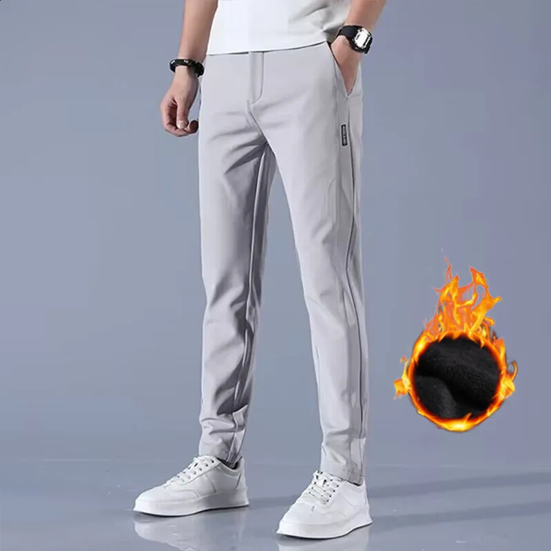2024Winter velvet Casual Pants Men Thick Business Stretch Slim Elastic Waist Jogger Outdoors Korean Classic Fleece Trousers Male 250317
