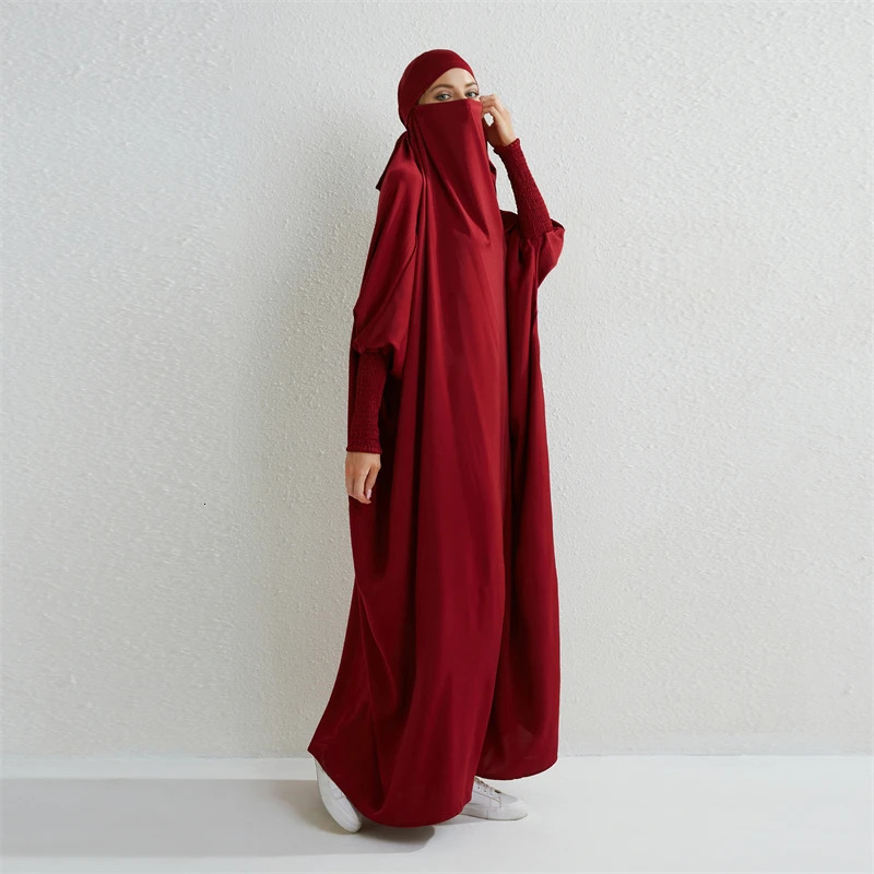 Abaya Hooded Smoking Sleeve One Piece Prayer Dress Womens Jilbab Islamic Clothing Dubai Saudi Black Robe Humility 250326