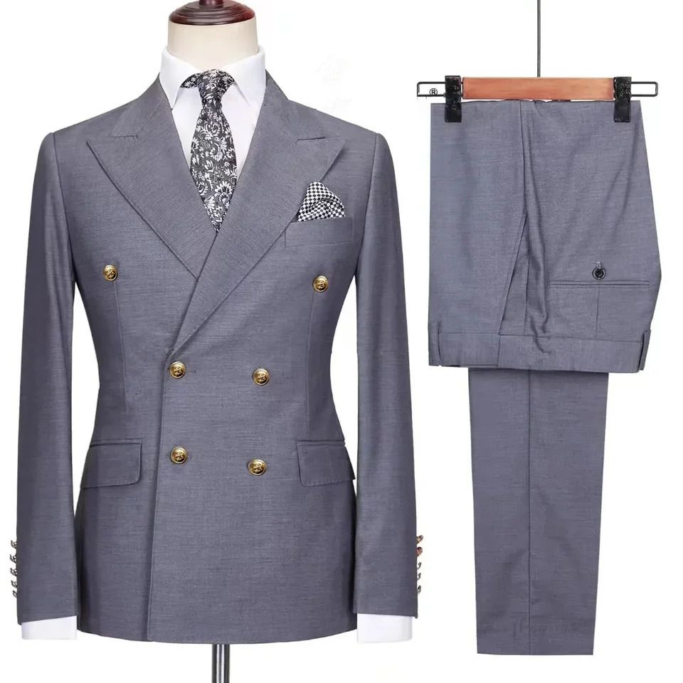 Fashionable mens casual boutique business banquet solid color wedding double chest ultrathin set jacket pants 250326
