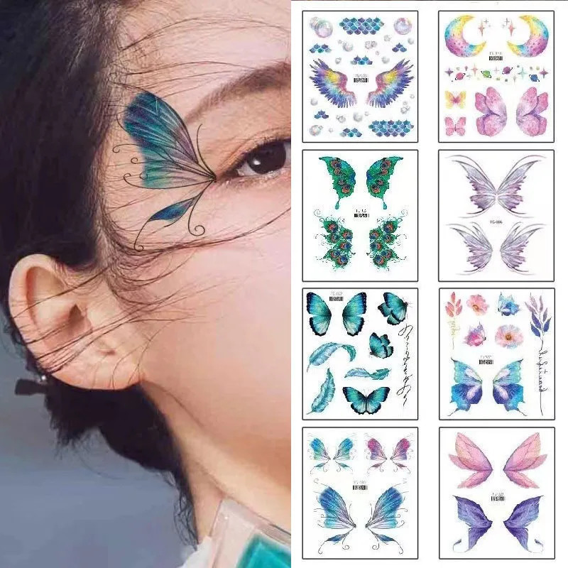 1Sheet Fairy Butterfly Wings Shiny Tattoo Sticker Waterproof Eyes Face Art Tattoos for Women Makeup Dance Music Festival 250325