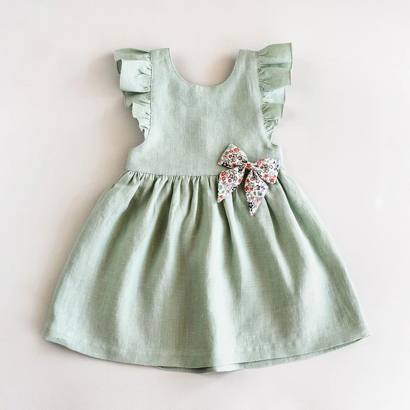 Summer Fresh And Cute Cotton And Linen Princess Dresses Girl Solid Color Ruffled Sleeveless Dress TZ47 250326