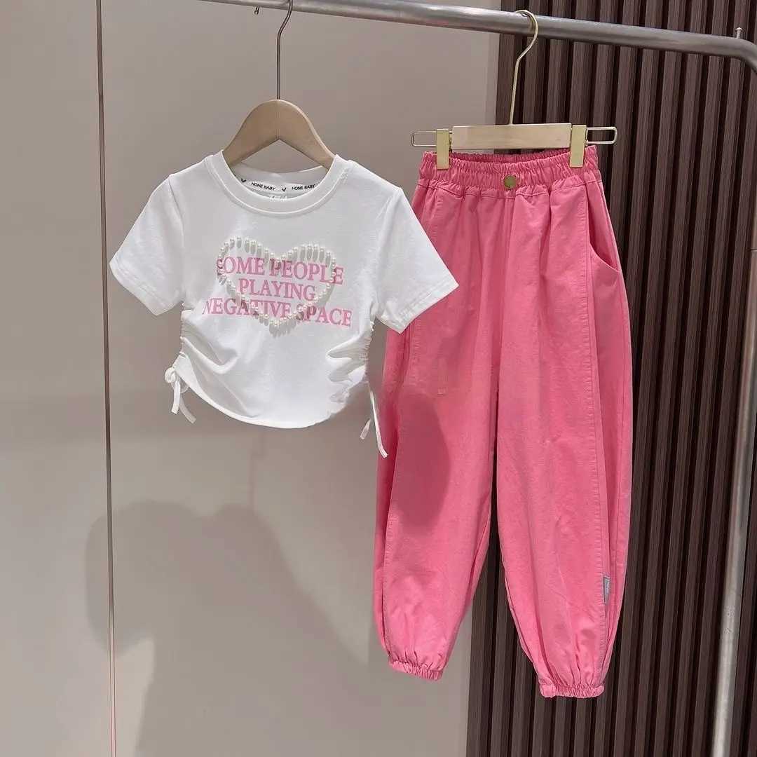 Teenage Girl Clothing Set 2023 Summer New Girl Baby Short sleeved T-shirt Pants Two piece SetT250327