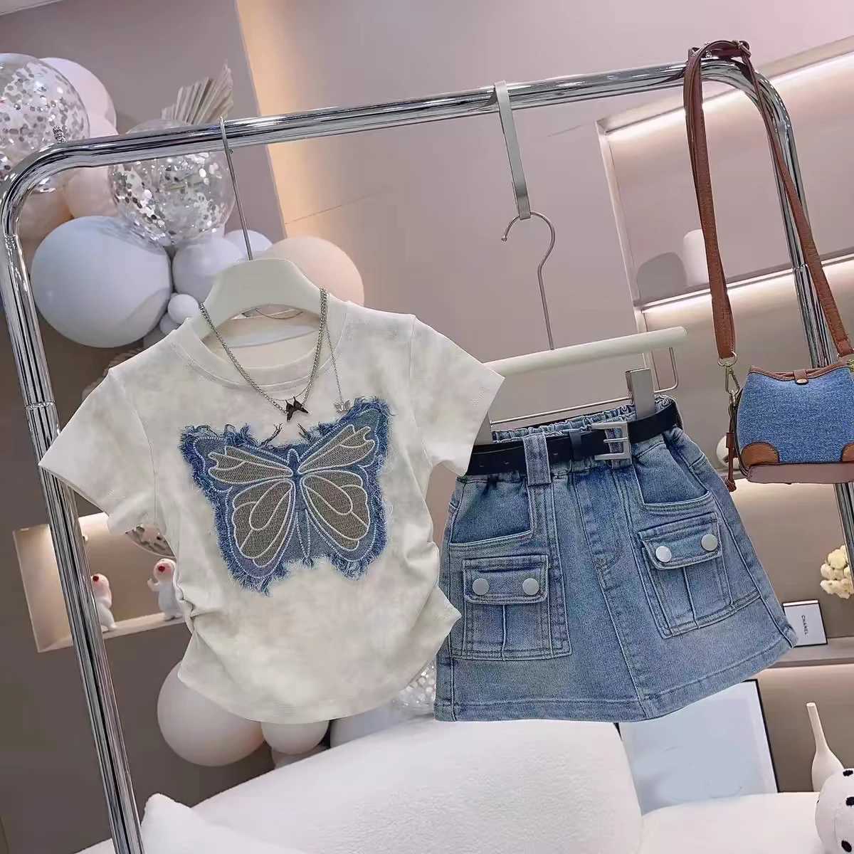 Girls clothing set for summer personalized patchwork fabric embroidered short sleeved top+childrens casual denim bodysuitT250327