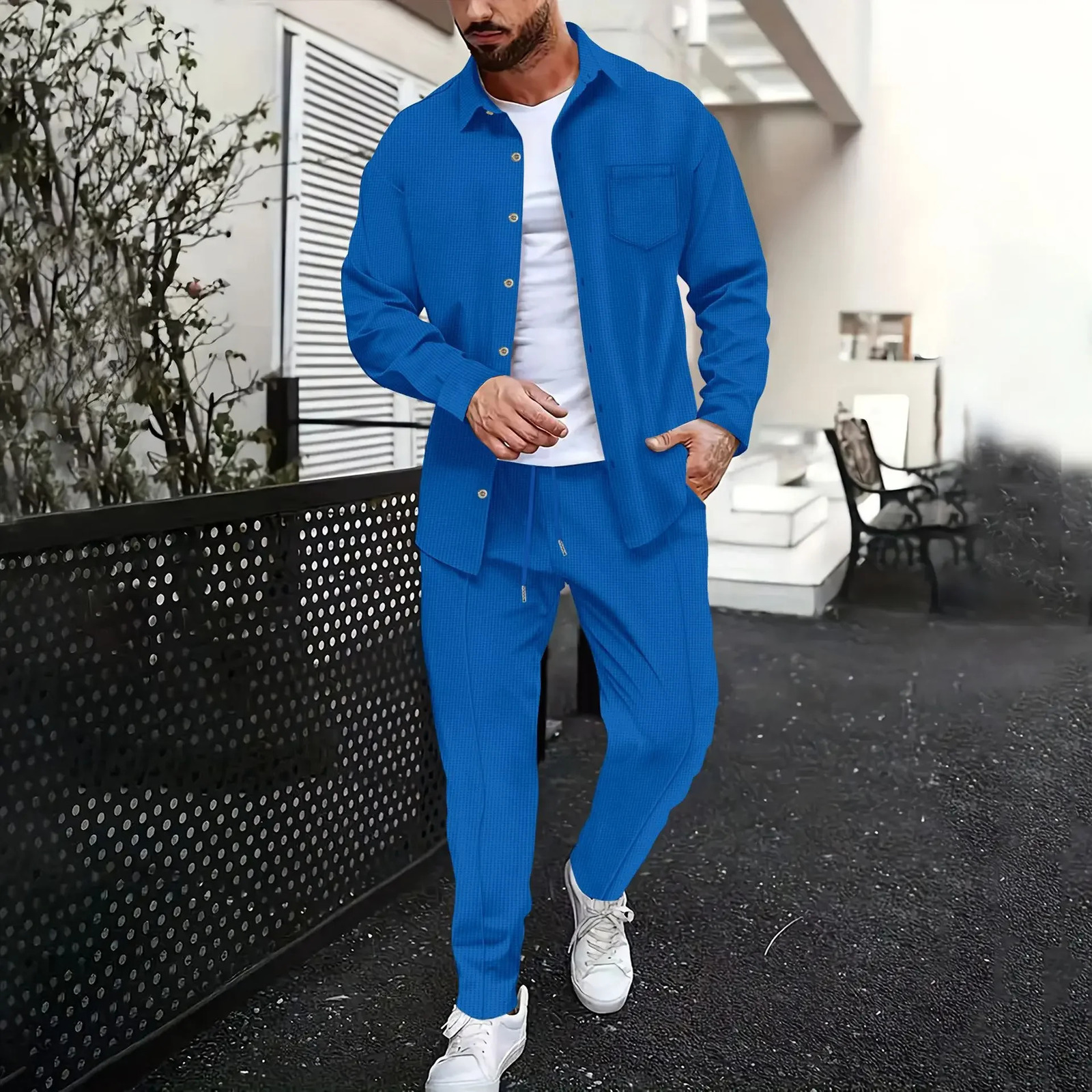 Spring and summer mens waffle solid color twopiece trend lapel long sleeved shirt Trous casual outdoor sportswear 250327