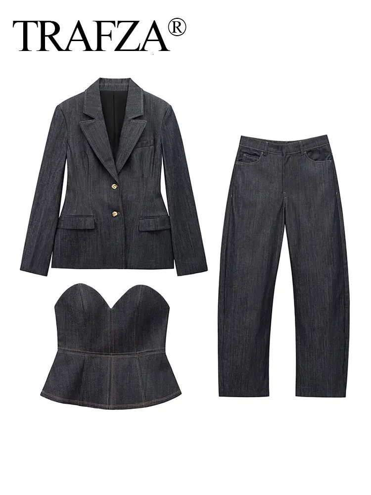 TRAFZA womens denim jacket pants set long sleeved waist series setcommuting wide leg jeans street trend 250326