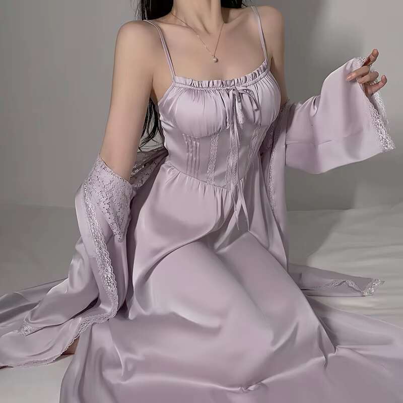 Wholesale Small Size Pure Satin Sheer Lace Robe Deep V Slip Silk Sexy Pamas Nightgown Sleepwear Nightdress For Women Set