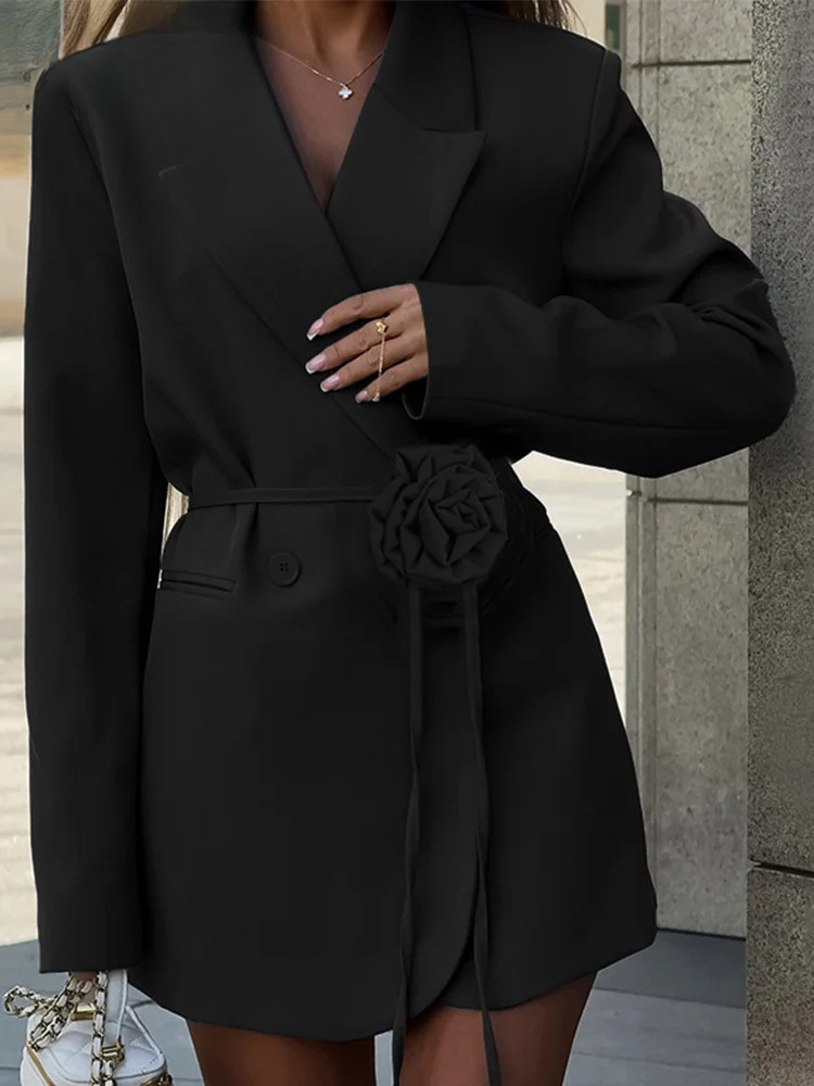 hoodie Casual 3D Wer Solid Long Women Blazer Elegant Full Sleeve Belt Single Button Female Coat 2025 Spring Party Lady Streetwear jacket
