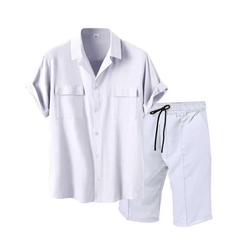 Casual and fashionable mens summer beach style solid color mens short sleeved and two-piece mens clothingXJ250326